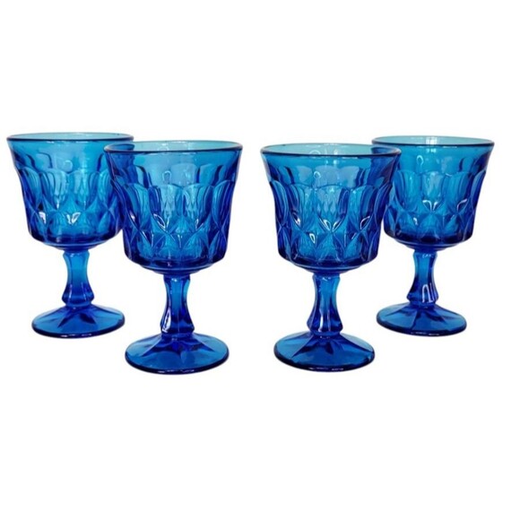 Vintage MCM Noritake Perspective Blue Glass Footed Wine Water Juice Four Goblets - Picture 10 of 11